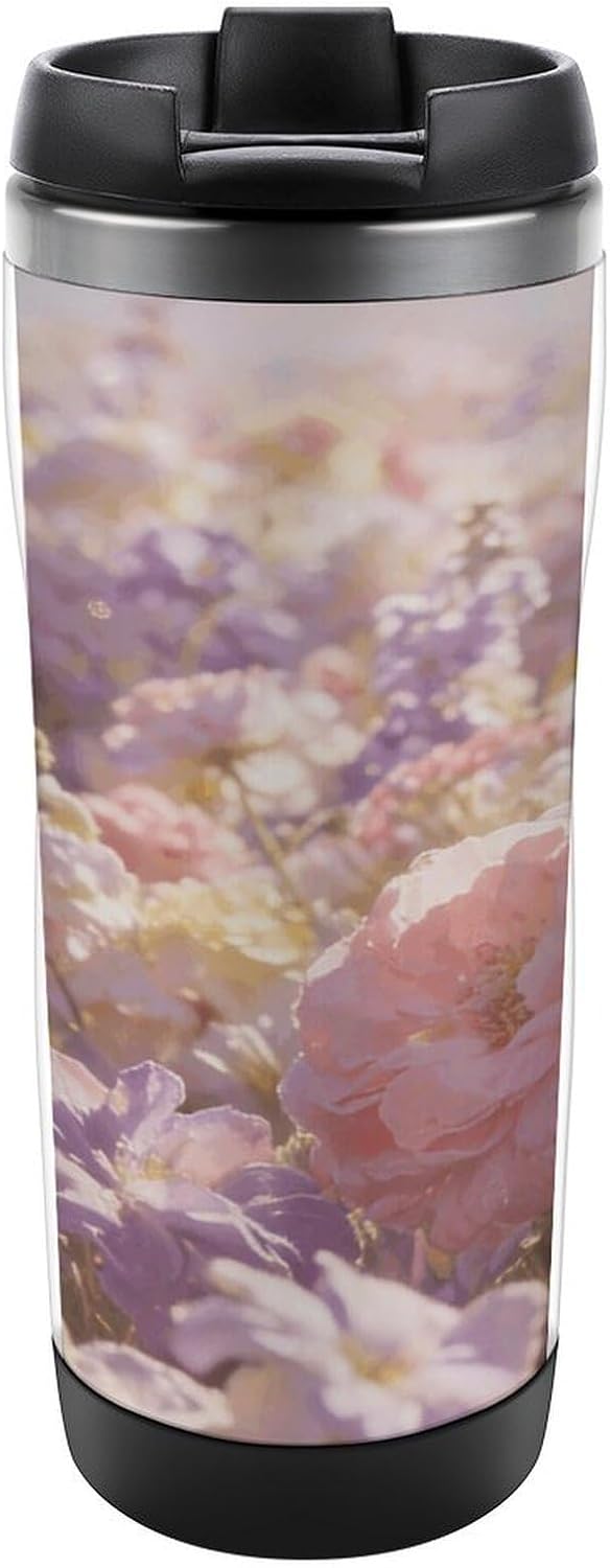 13oz Insulated Travel Coffee Mug Reusable Coffee Cup Water Bottle | Field of Flowers Pastel Floral Travel Mug with Leak Proof Lid Double Wall Stainless Steel Coffee Tumbler Personalized Gift