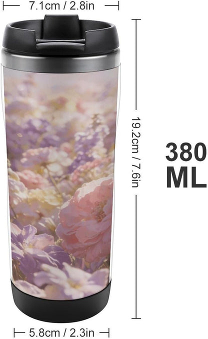 13oz Insulated Travel Coffee Mug Reusable Coffee Cup Water Bottle | Field of Flowers Pastel Floral Travel Mug with Leak Proof Lid Double Wall Stainless Steel Coffee Tumbler Personalized Gift