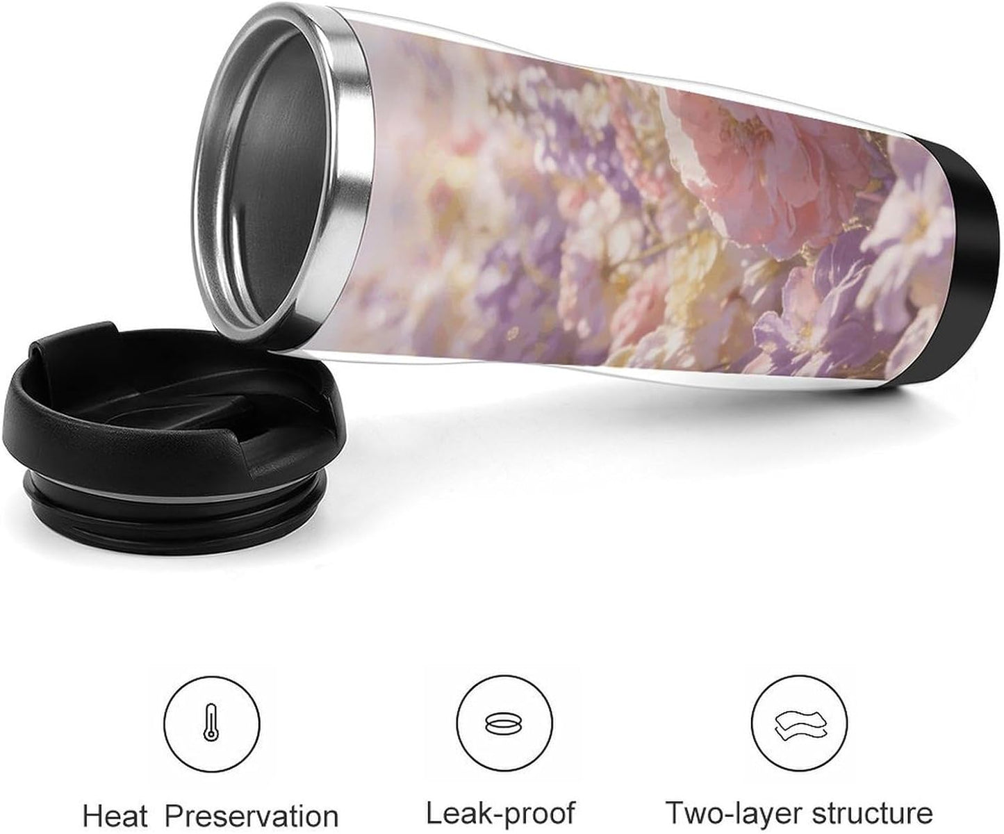 13oz Insulated Travel Coffee Mug Reusable Coffee Cup Water Bottle | Field of Flowers Pastel Floral Travel Mug with Leak Proof Lid Double Wall Stainless Steel Coffee Tumbler Personalized Gift