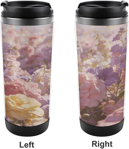 13oz Insulated Travel Coffee Mug Reusable Coffee Cup Water Bottle | Field of Flowers Pastel Floral Travel Mug with Leak Proof Lid Double Wall Stainless Steel Coffee Tumbler Personalized Gift