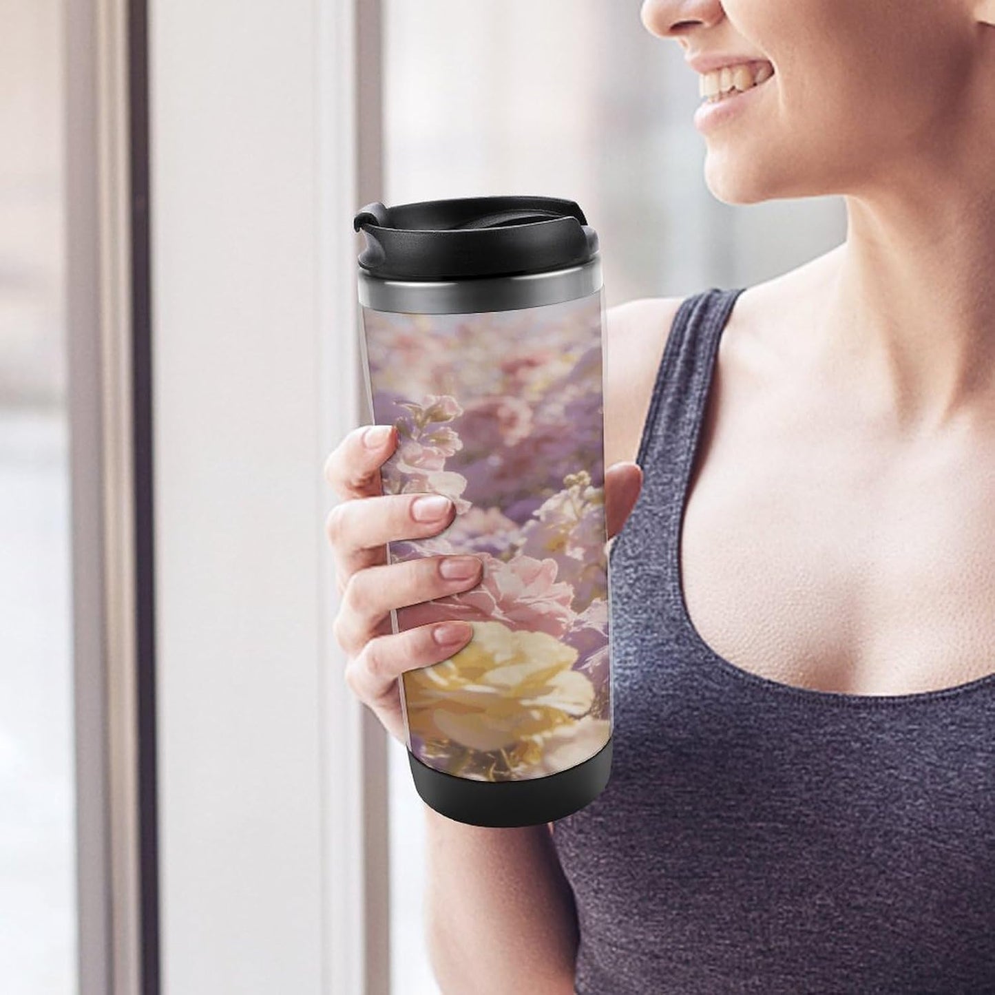 13oz Insulated Travel Coffee Mug Reusable Coffee Cup Water Bottle | Field of Flowers Pastel Floral Travel Mug with Leak Proof Lid Double Wall Stainless Steel Coffee Tumbler Personalized Gift