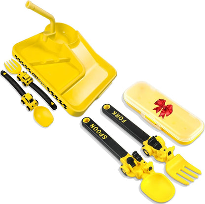 Construction Toddler Plates - Toddler Eating Utensil Set with Removable Straw, Spoon and Fork Set - for Stocking Stuffers and Birthday Gifts, Yellow