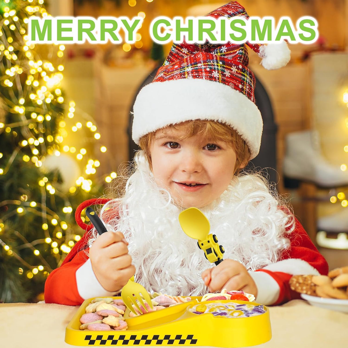 Construction Toddler Plates - Toddler Eating Utensil Set with Removable Straw, Spoon and Fork Set - for Stocking Stuffers and Birthday Gifts, Yellow