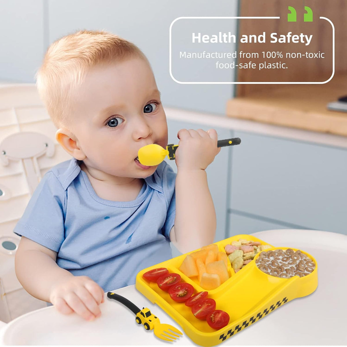 Construction Toddler Plates - Toddler Eating Utensil Set with Removable Straw, Spoon and Fork Set - for Stocking Stuffers and Birthday Gifts, Yellow