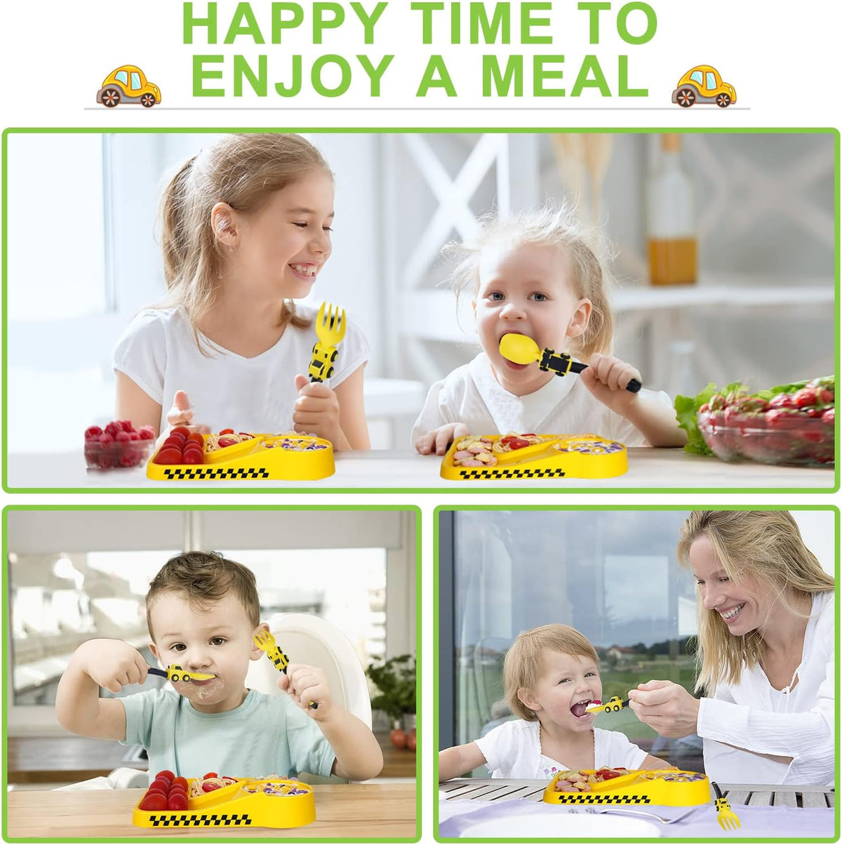 Construction Toddler Plates - Toddler Eating Utensil Set with Removable Straw, Spoon and Fork Set - for Stocking Stuffers and Birthday Gifts, Yellow