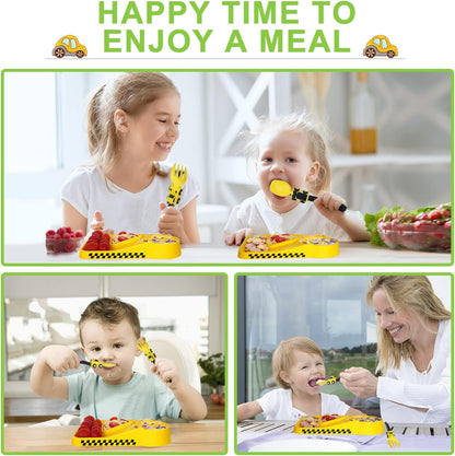 Construction Toddler Plates - Toddler Eating Utensil Set with Removable Straw, Spoon and Fork Set - for Stocking Stuffers and Birthday Gifts, Yellow