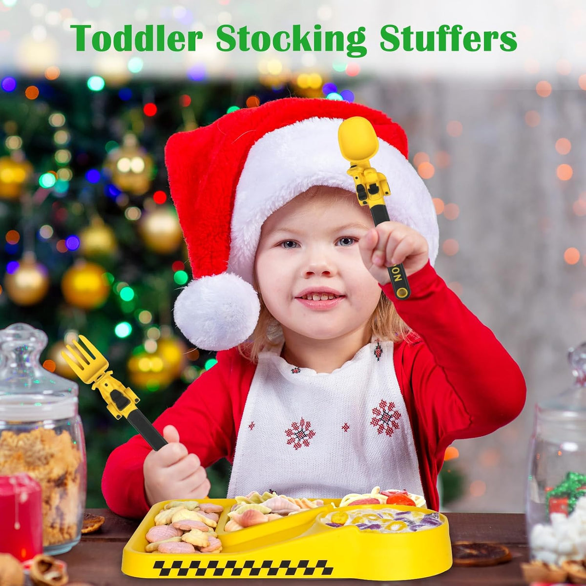 Construction Toddler Plates - Toddler Eating Utensil Set with Removable Straw, Spoon and Fork Set - for Stocking Stuffers and Birthday Gifts, Yellow