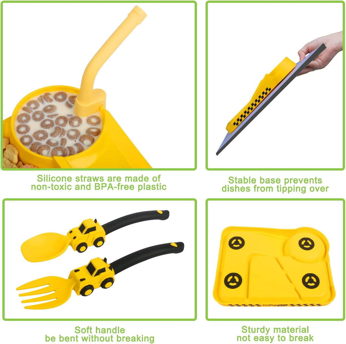 Construction Toddler Plates - Toddler Eating Utensil Set with Removable Straw, Spoon and Fork Set - for Stocking Stuffers and Birthday Gifts, Yellow