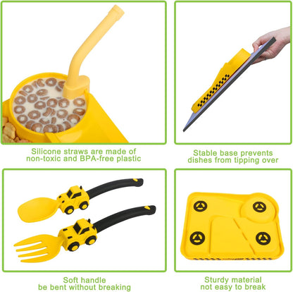 Construction Toddler Plates - Toddler Eating Utensil Set with Removable Straw, Spoon and Fork Set - for Stocking Stuffers and Birthday Gifts, Yellow