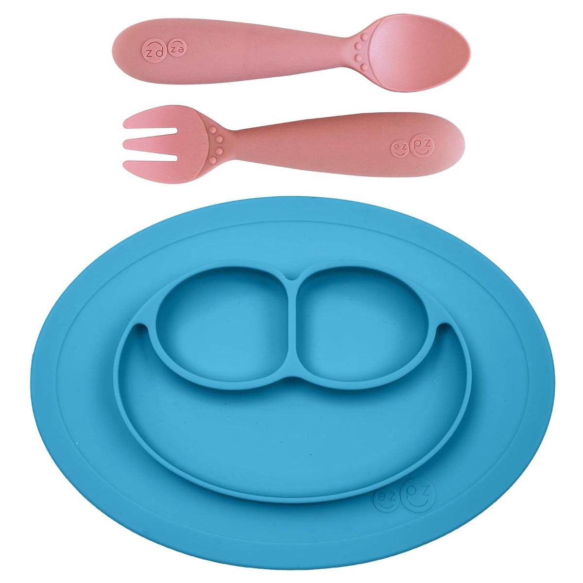 Mini Mat (Blue) + Mini Utensils (Fork & Spoon in Blush) - Toddler essentials mat and spoon