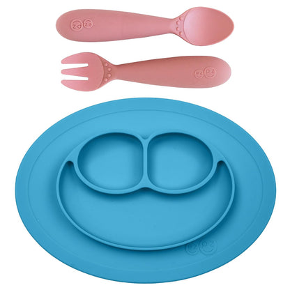 Mini Mat (Blue) + Mini Utensils (Fork & Spoon in Blush) - Toddler essentials mat and spoon