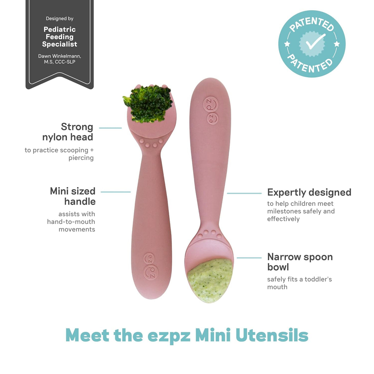 Mini Mat (Blue) + Mini Utensils (Fork & Spoon in Blush) - Toddler essentials mat and spoon