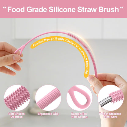 Silicone Straw Cleaner Brush - 2 Pcs Straw Brush for Water Bottle Sippy Cup Tubes Glass Straws, Reusable Bendable and Dishwasher Safe