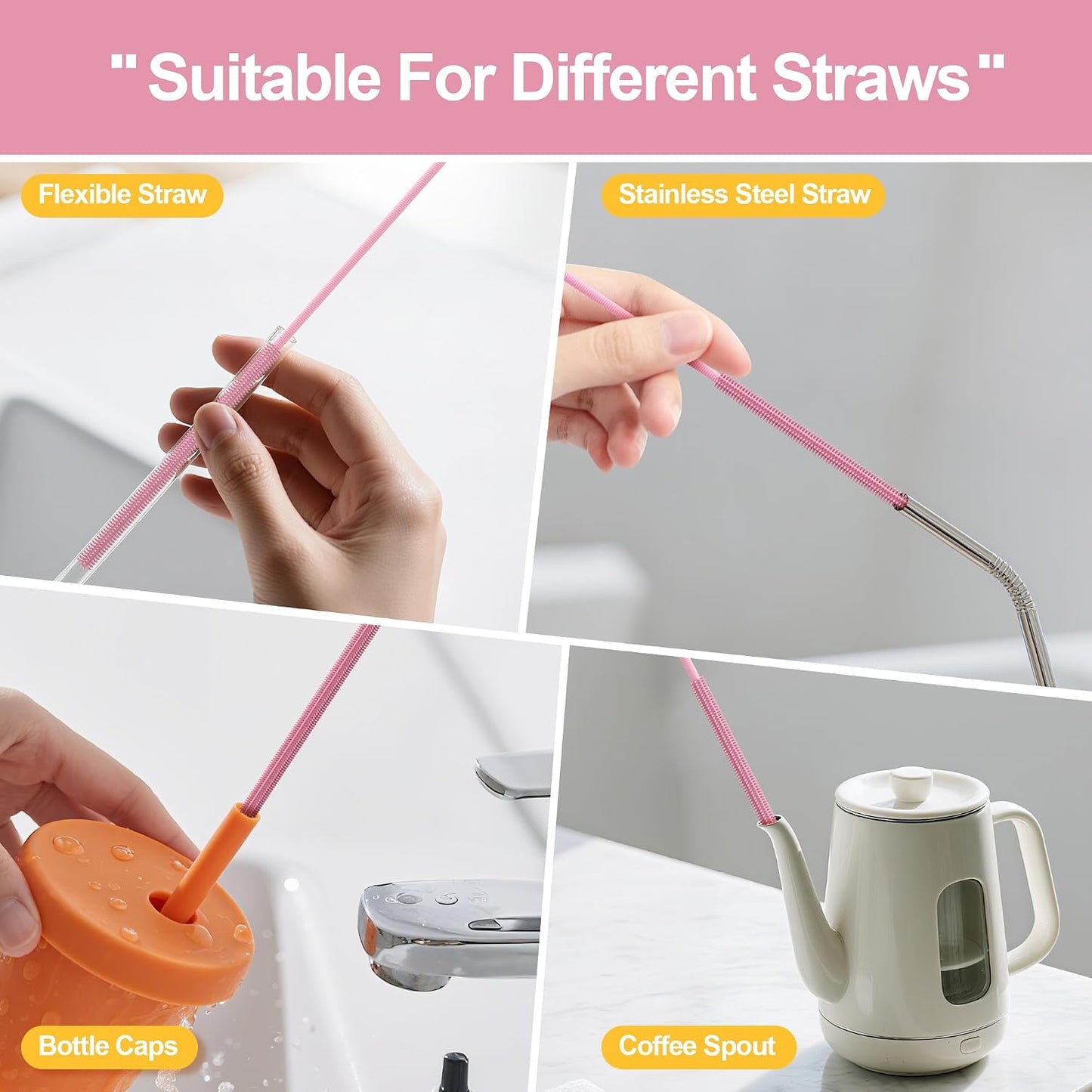 Silicone Straw Cleaner Brush - 2 Pcs Straw Brush for Water Bottle Sippy Cup Tubes Glass Straws, Reusable Bendable and Dishwasher Safe
