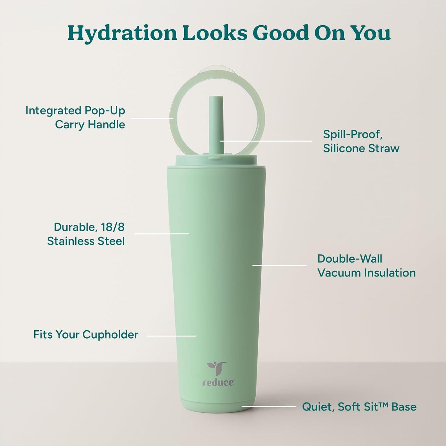Halo 24 oz Stainless Steel Vacuum Insulated Tumbler - Spill Proof Travel Mug with Flip Handle Lid - Keeps Drinks Cold for 32 Hrs - Dishwasher Safe - Cupholder Friendly - Matcha