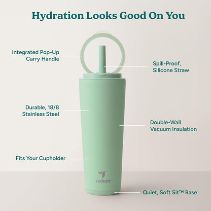 Halo 24 oz Stainless Steel Vacuum Insulated Tumbler - Spill Proof Travel Mug with Flip Handle Lid - Keeps Drinks Cold for 32 Hrs - Dishwasher Safe - Cupholder Friendly - Matcha