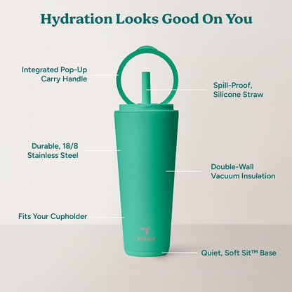 Halo 24 oz Stainless Steel Vacuum Insulated Tumbler - Spill Proof Travel Mug with Flip Handle Lid - Keeps Drinks Cold for 32 Hrs - Dishwasher Safe - Cupholder Friendly - Matcha