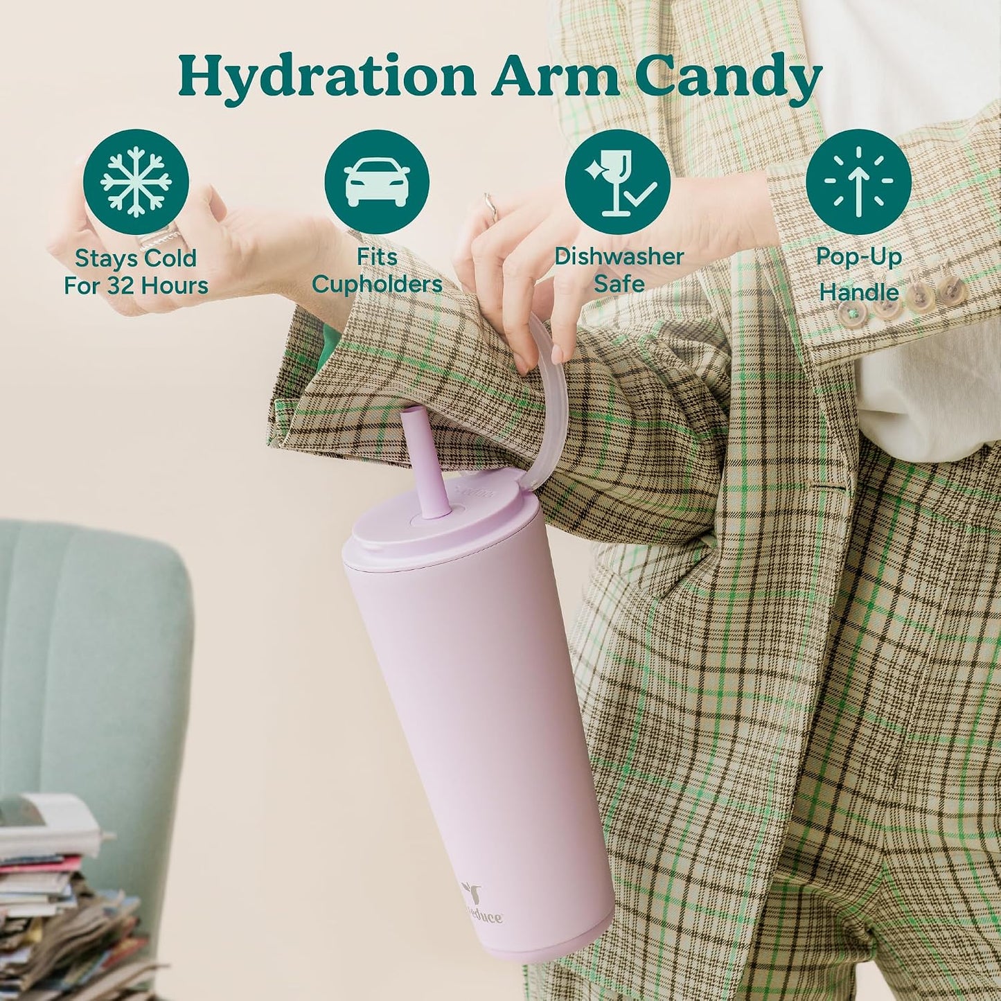 Halo 24 oz Stainless Steel Vacuum Insulated Tumbler - Spill Proof Travel Mug with Flip Handle Lid - Keeps Drinks Cold for 32 Hrs - Dishwasher Safe - Cupholder Friendly - Matcha
