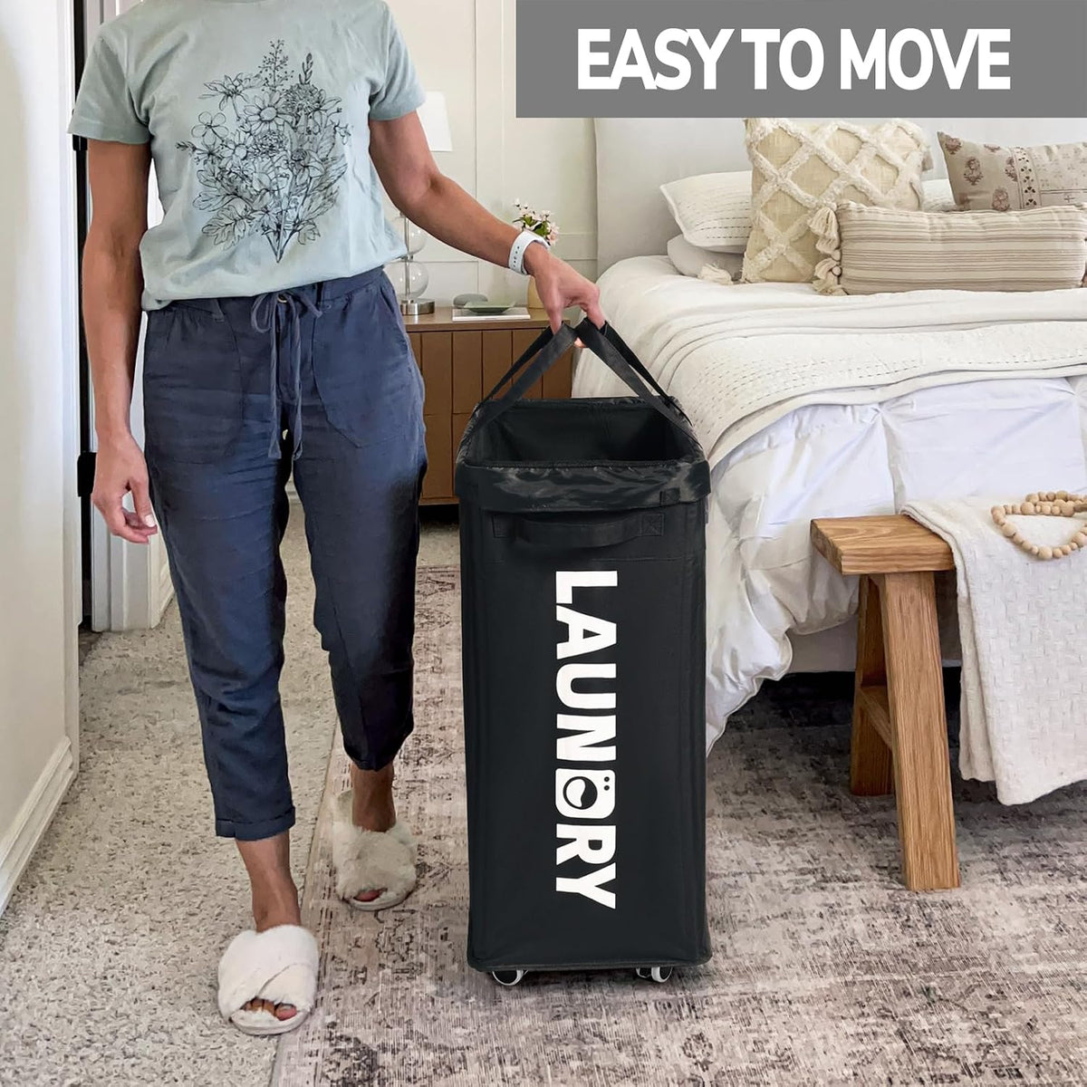 75L Laudnry Basket with Wheels & Removable Wash Bag for Dorm