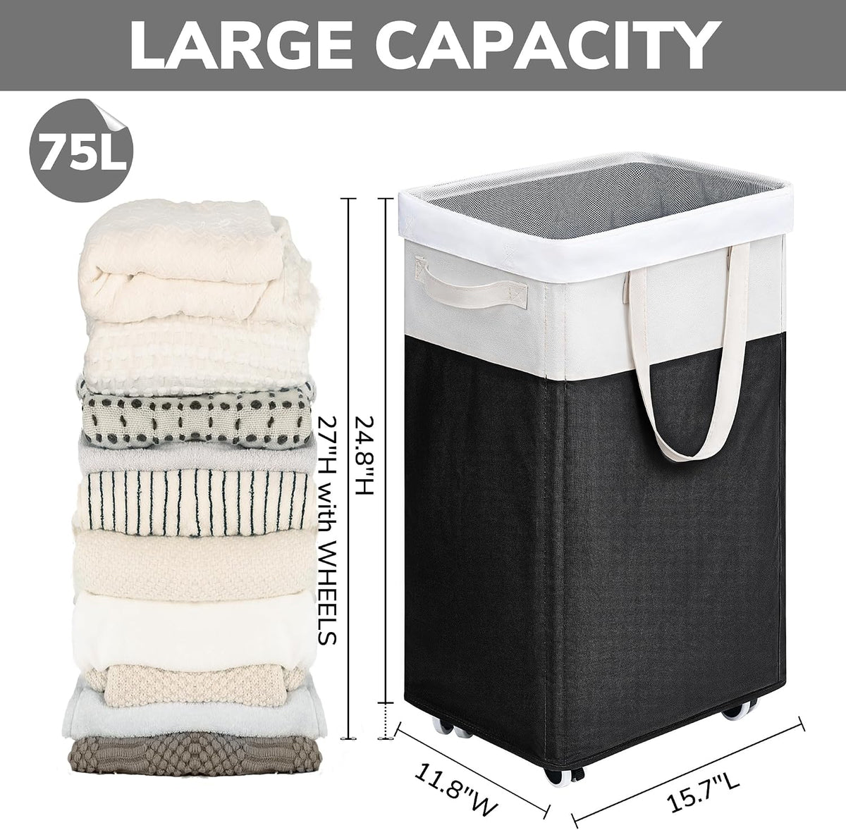 75L Laudnry Basket with Wheels & Removable Wash Bag for Dorm