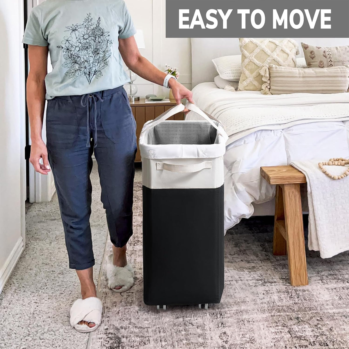 75L Laudnry Basket with Wheels & Removable Wash Bag for Dorm