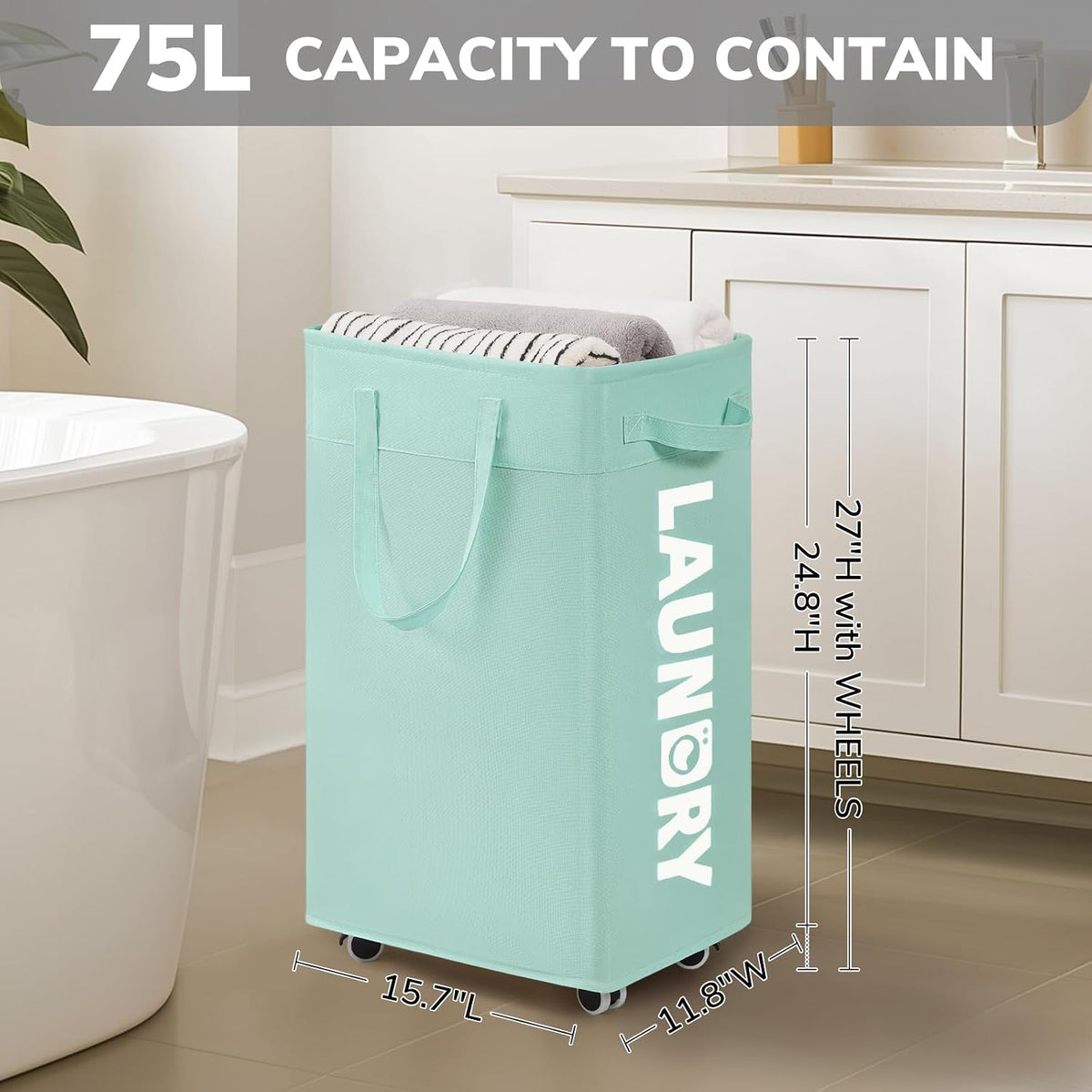 75L Laudnry Basket with Wheels & Removable Wash Bag for Dorm