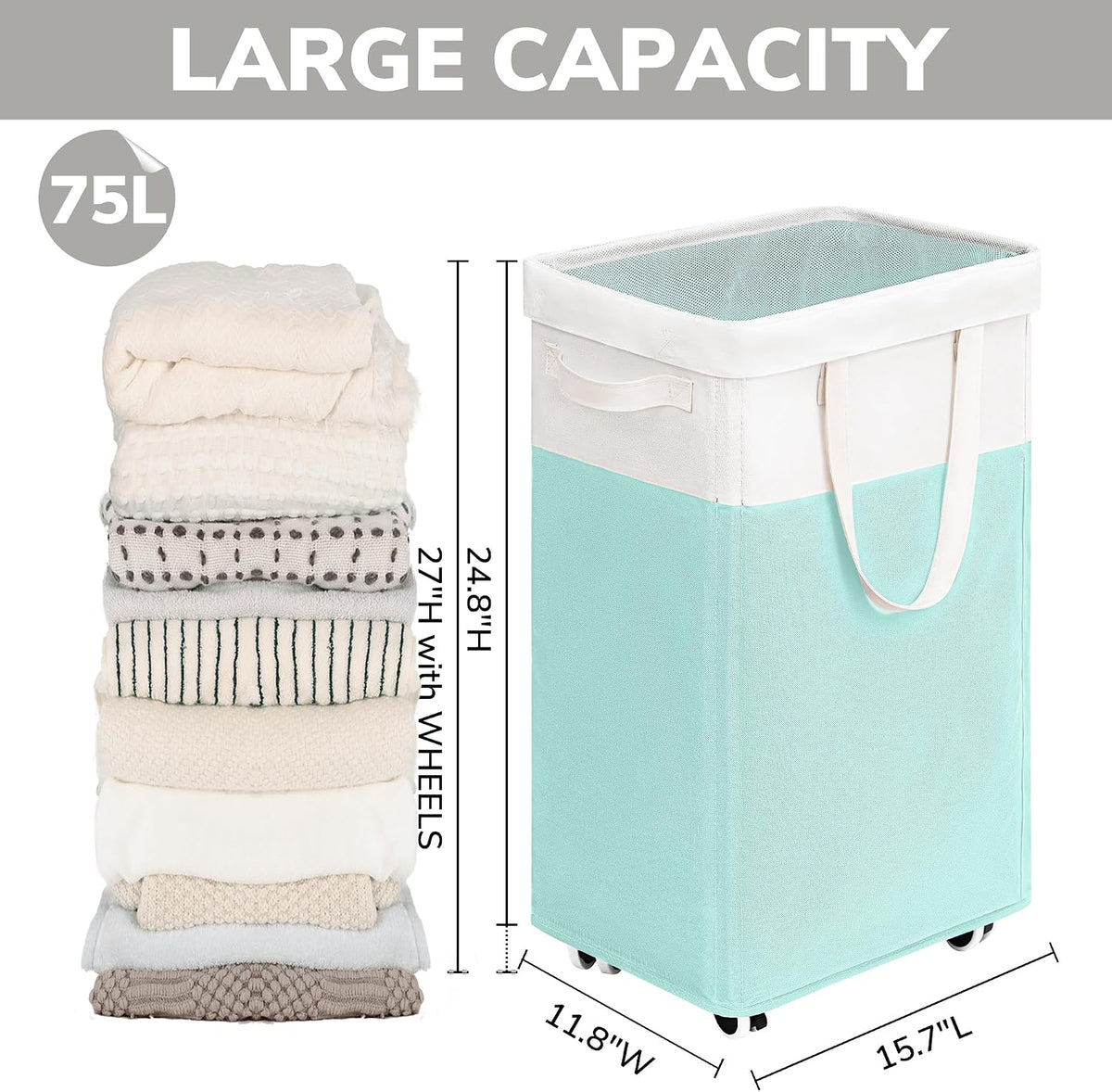 75L Laudnry Basket with Wheels & Removable Wash Bag for Dorm