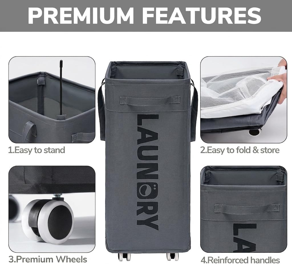 75L Laudnry Basket with Wheels & Removable Wash Bag for Dorm