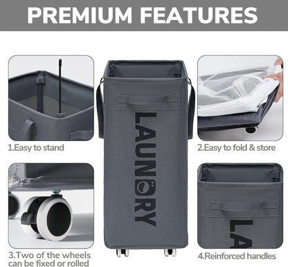 75L Laudnry Basket with Wheels & Removable Wash Bag for Dorm