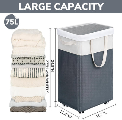 75L Laudnry Basket with Wheels & Removable Wash Bag for Dorm