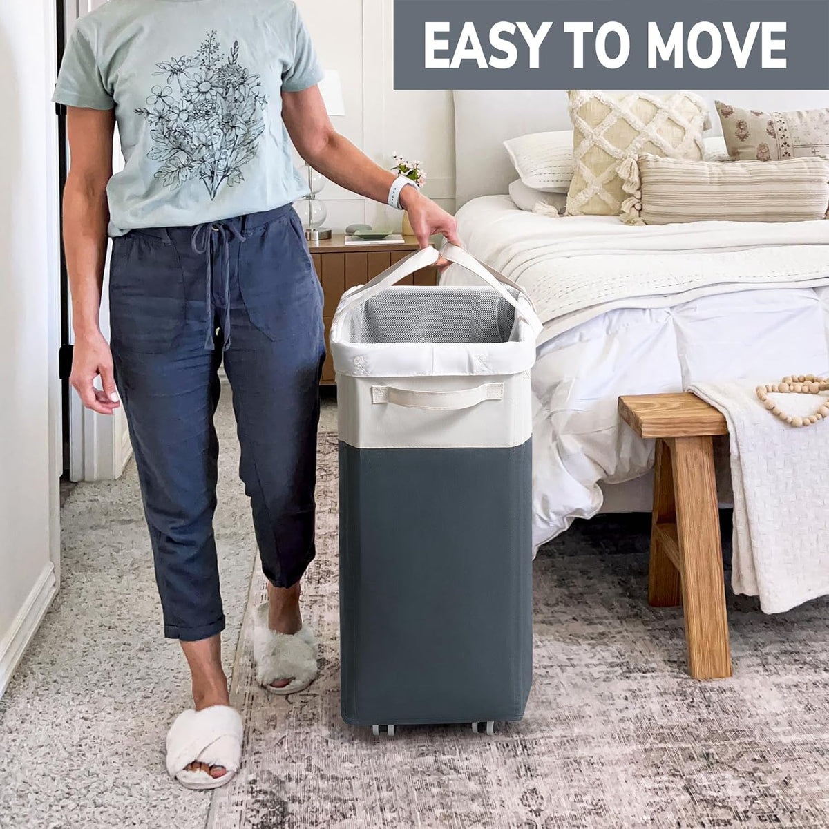 75L Laudnry Basket with Wheels & Removable Wash Bag for Dorm