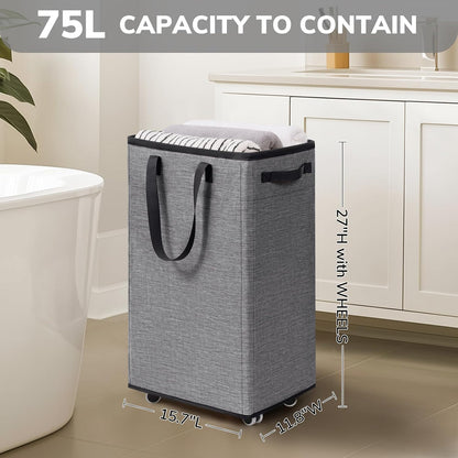75L Laudnry Basket with Wheels & Removable Wash Bag for Dorm