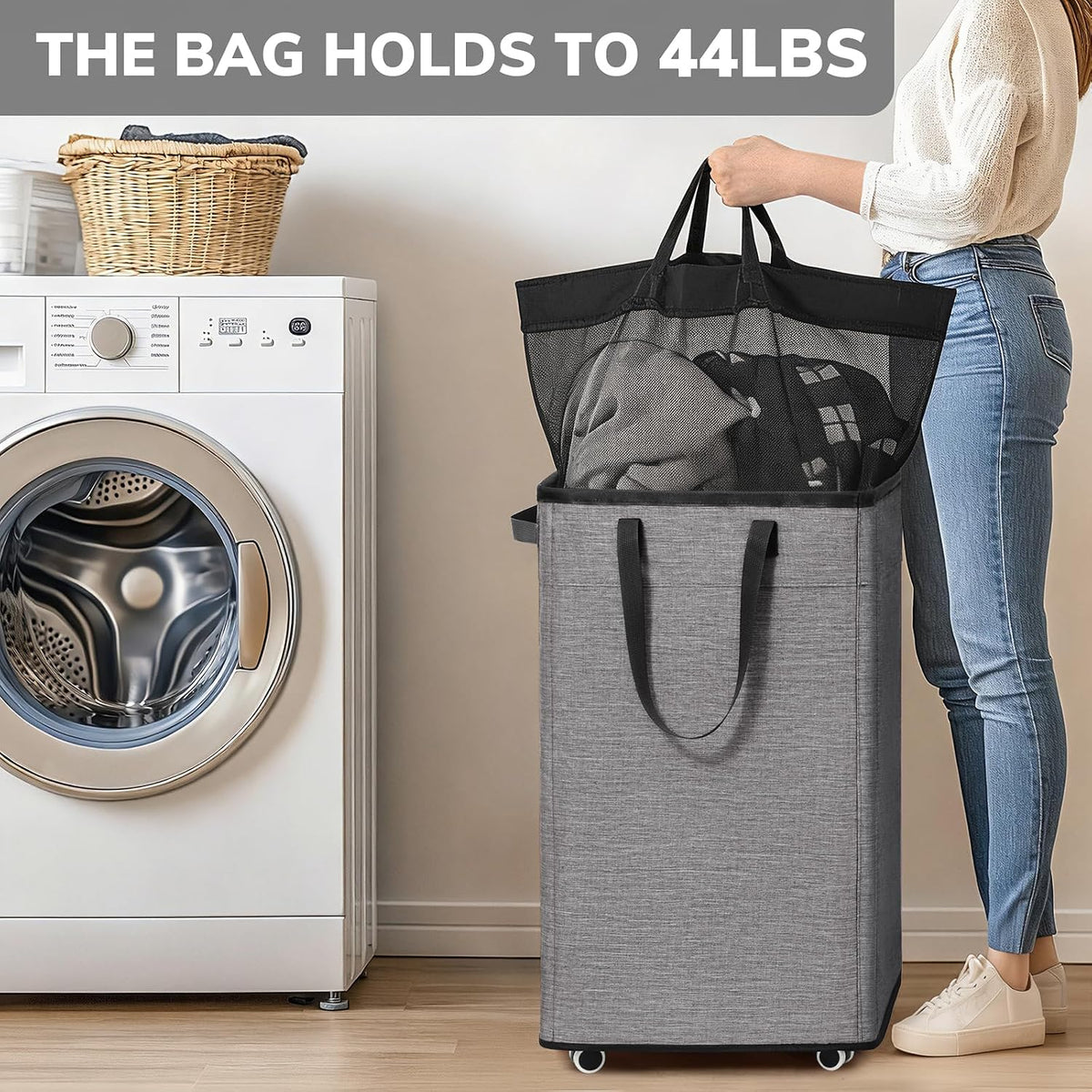 75L Laudnry Basket with Wheels & Removable Wash Bag for Dorm