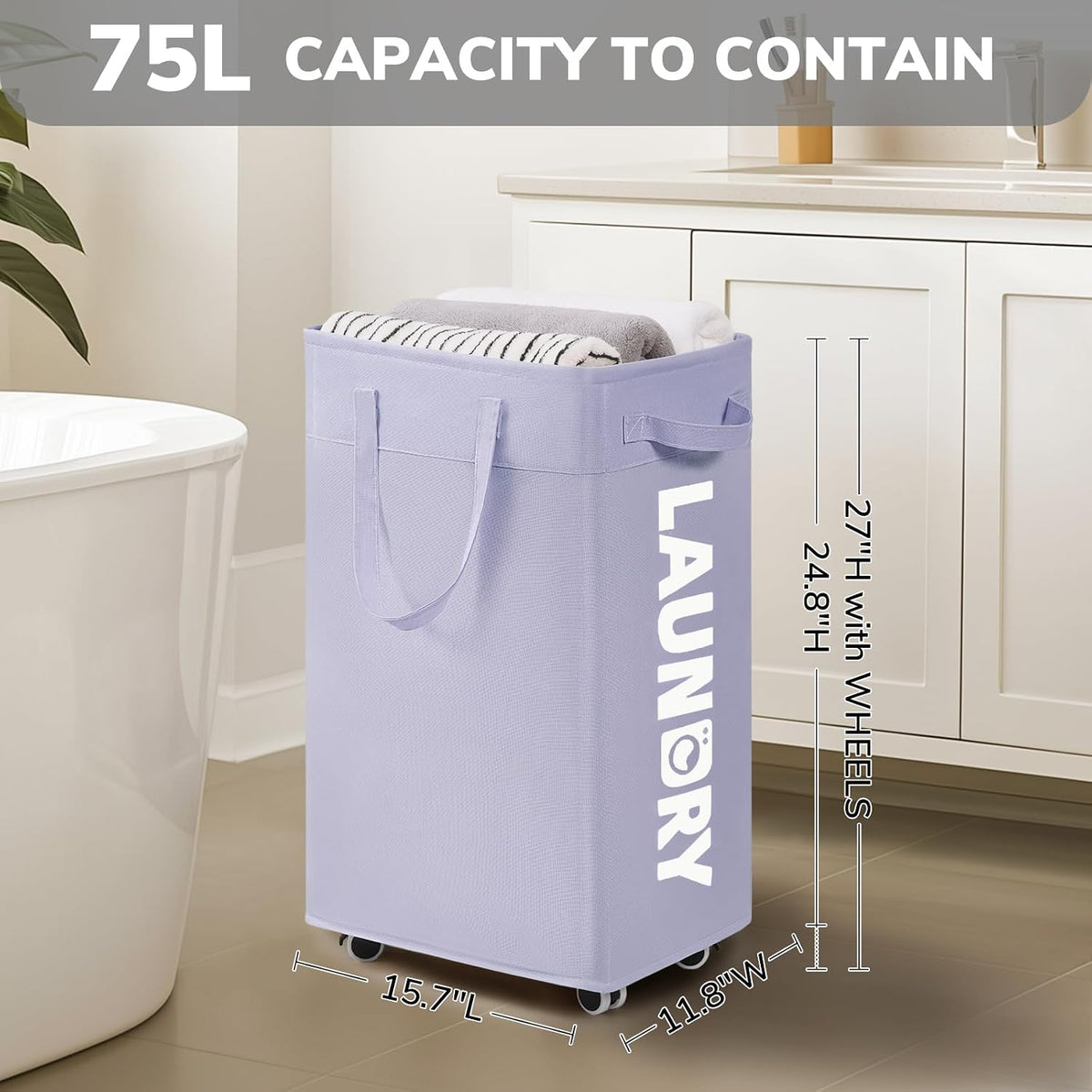 75L Laudnry Basket with Wheels & Removable Wash Bag for Dorm