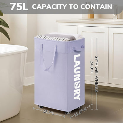 75L Laudnry Basket with Wheels & Removable Wash Bag for Dorm