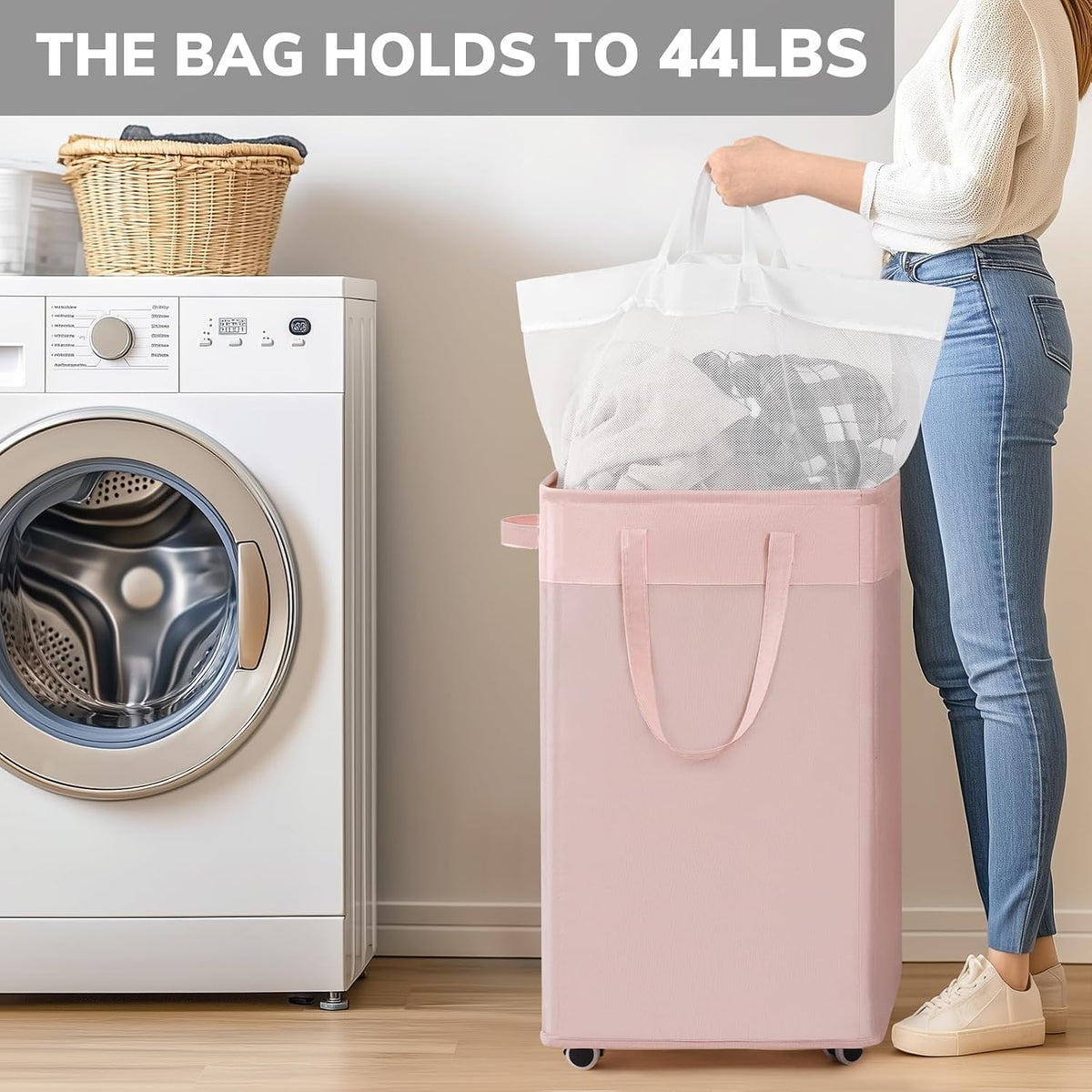 75L Laudnry Basket with Wheels & Removable Wash Bag for Dorm