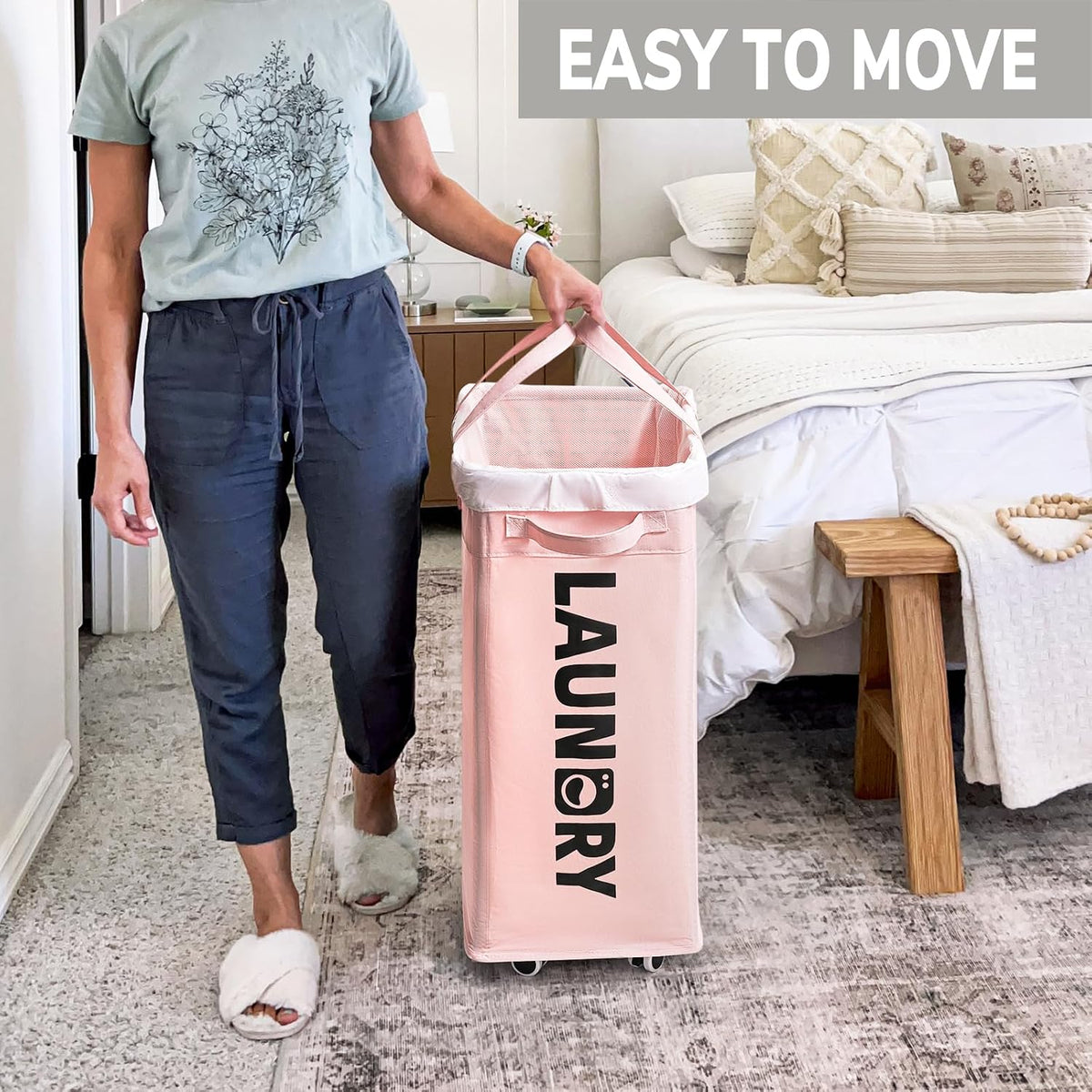 75L Laudnry Basket with Wheels & Removable Wash Bag for Dorm