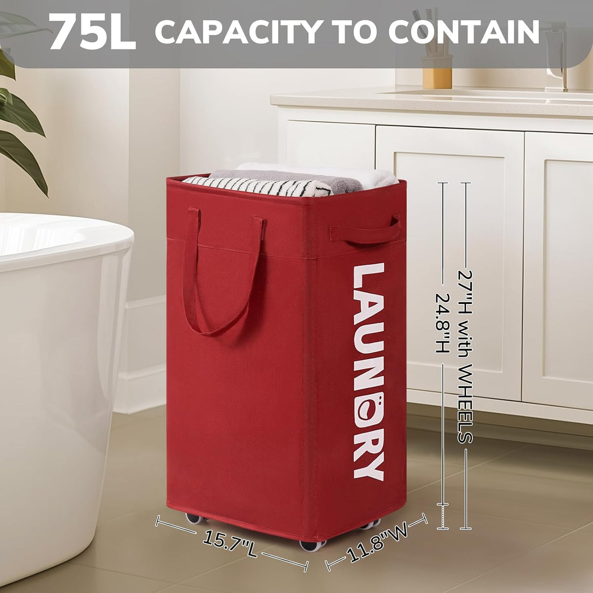 75L Laudnry Basket with Wheels & Removable Wash Bag for Dorm