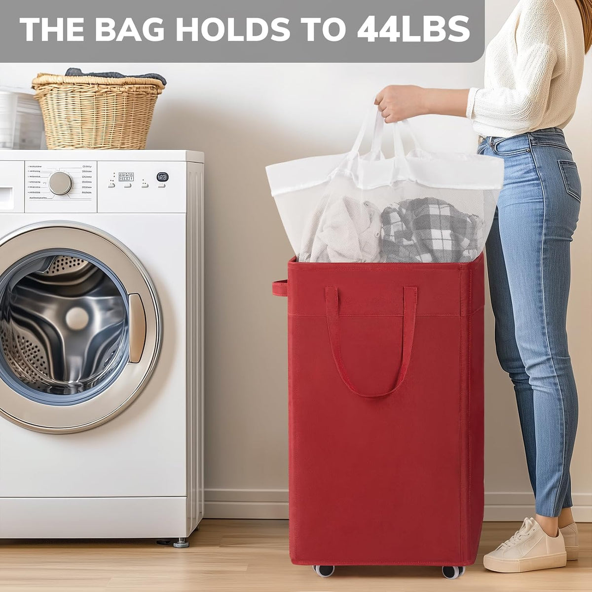 75L Laudnry Basket with Wheels & Removable Wash Bag for Dorm