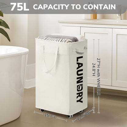 75L Laudnry Basket with Wheels & Removable Wash Bag for Dorm