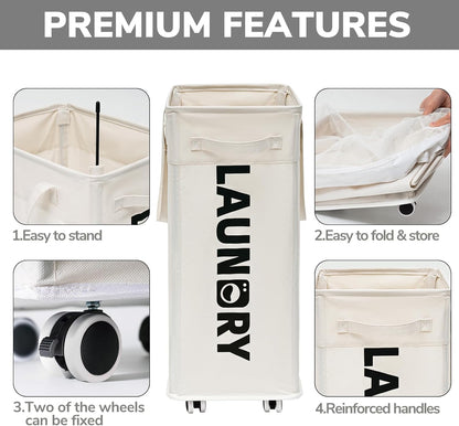 75L Laudnry Basket with Wheels & Removable Wash Bag for Dorm
