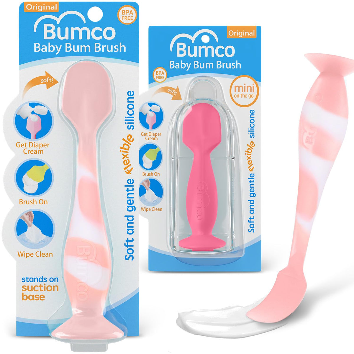 Baby Bum Brush + Mini Baby Diaper Cream Spatula with Case - BPA-Free Silicone Diaper Spatula with Suction Cup, Wipe-Clean, Mom-Invented Butt Paste Applicator (Pink Swirl & Pink)