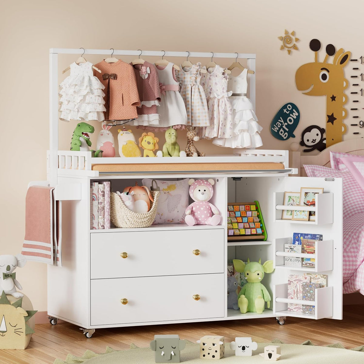 Baby Changing Table, Infant Diaper Changing Station with Wheels & Wide Table Top & Clothes Rail, Baby Changing Table with Two Drawers and Cabinet for Nursery and Kids