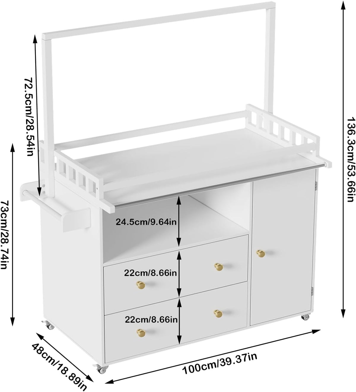 Baby Changing Table, Infant Diaper Changing Station with Wheels & Wide Table Top & Clothes Rail, Baby Changing Table with Two Drawers and Cabinet for Nursery and Kids