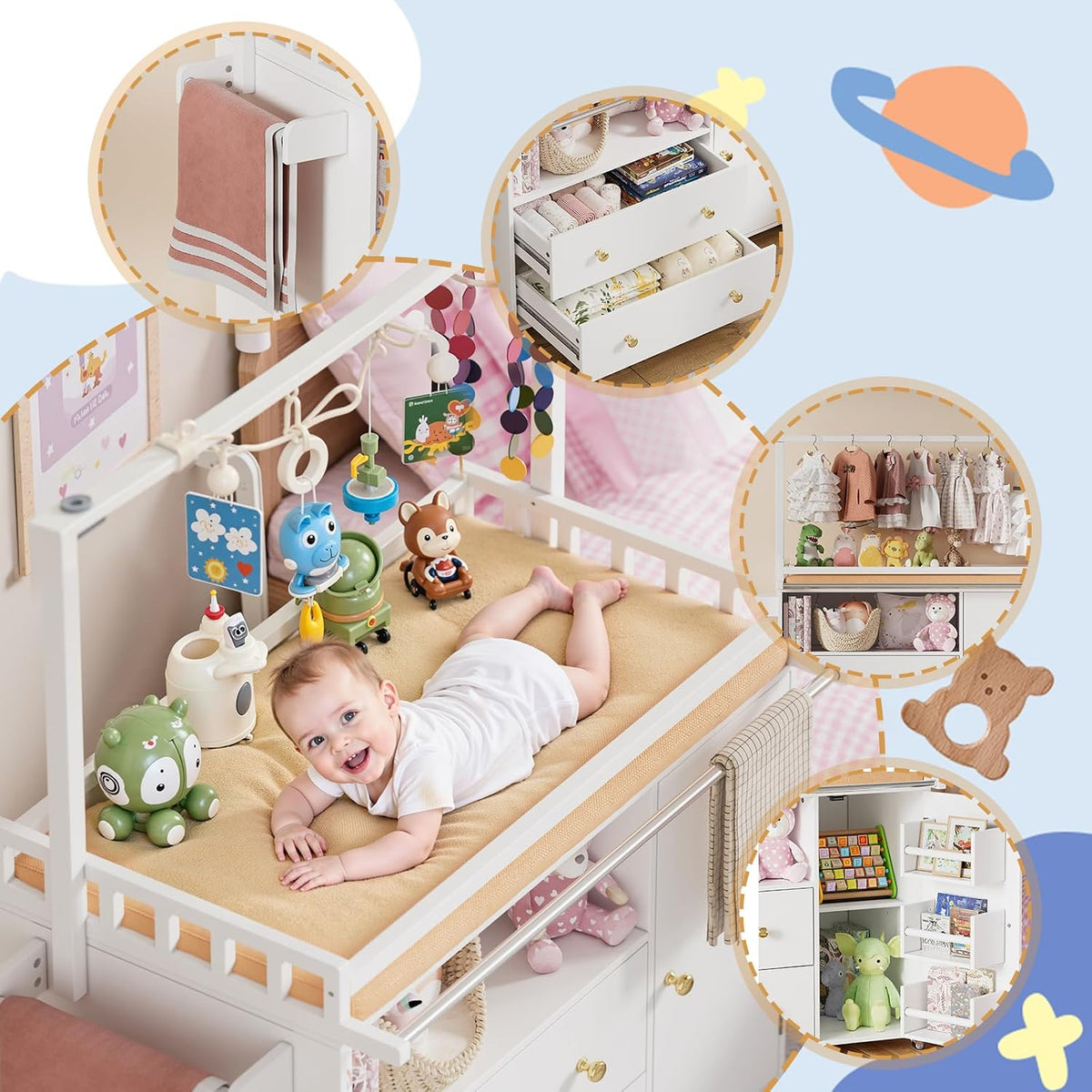 Baby Changing Table, Infant Diaper Changing Station with Wheels & Wide Table Top & Clothes Rail, Baby Changing Table with Two Drawers and Cabinet for Nursery and Kids