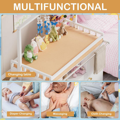 Baby Changing Table, Infant Diaper Changing Station with Wheels & Wide Table Top & Clothes Rail, Baby Changing Table with Two Drawers and Cabinet for Nursery and Kids