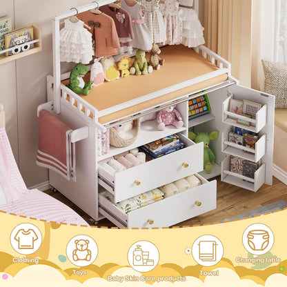 Baby Changing Table, Infant Diaper Changing Station with Wheels & Wide Table Top & Clothes Rail, Baby Changing Table with Two Drawers and Cabinet for Nursery and Kids