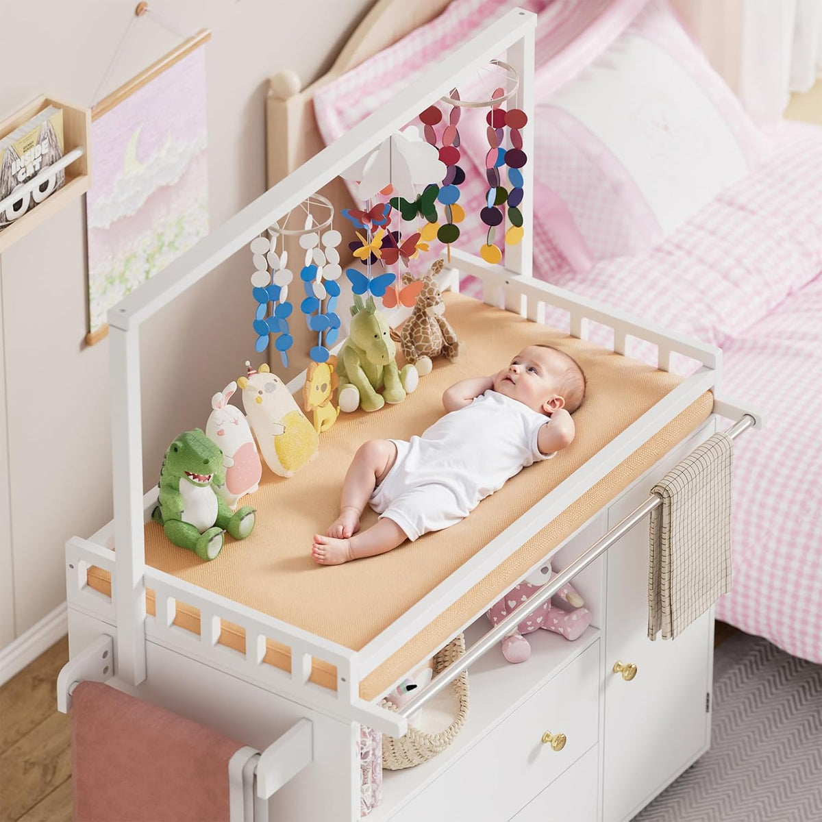 Baby Changing Table, Infant Diaper Changing Station with Wheels & Wide Table Top & Clothes Rail, Baby Changing Table with Two Drawers and Cabinet for Nursery and Kids