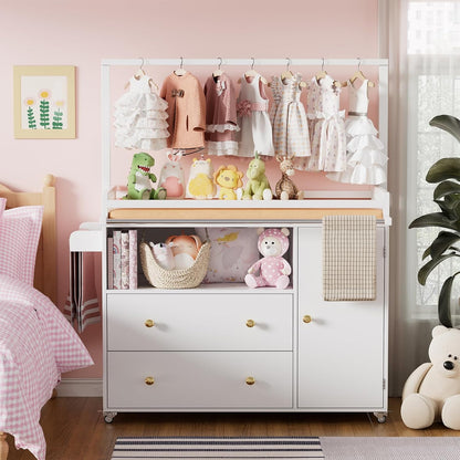 Baby Changing Table, Infant Diaper Changing Station with Wheels & Wide Table Top & Clothes Rail, Baby Changing Table with Two Drawers and Cabinet for Nursery and Kids