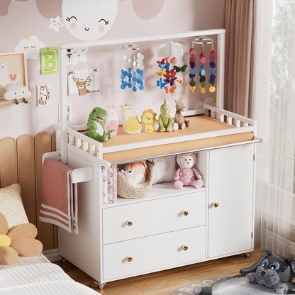 Baby Changing Table, Infant Diaper Changing Station with Wheels & Wide Table Top & Clothes Rail, Baby Changing Table with Two Drawers and Cabinet for Nursery and Kids